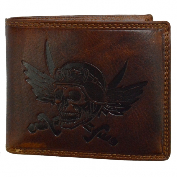 flevado Herren Portemonee Totenkopf mit RFID Schutz Geldbörse Vintage Leder Handarbeit (braun)